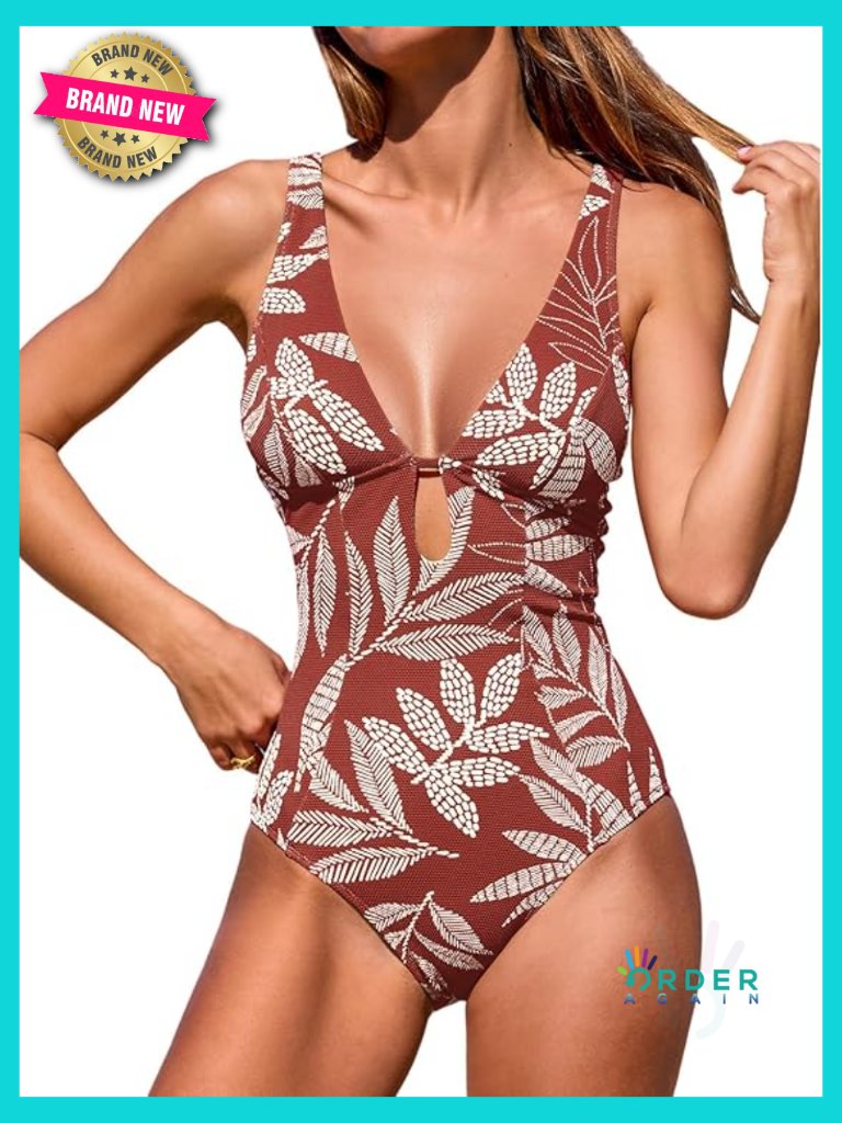 One Piece Swimsuit Deep V Neck Keyhole Cutout Textured Tropical Chic